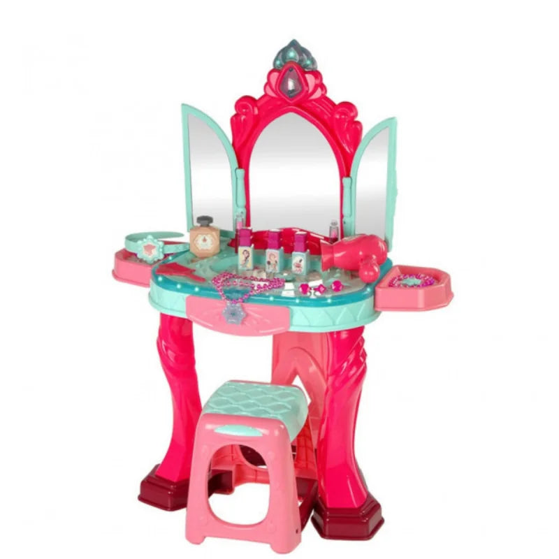 Beauty vanity table with light up mirror pink and turquoise frame and matching stool with accessories displayed on top