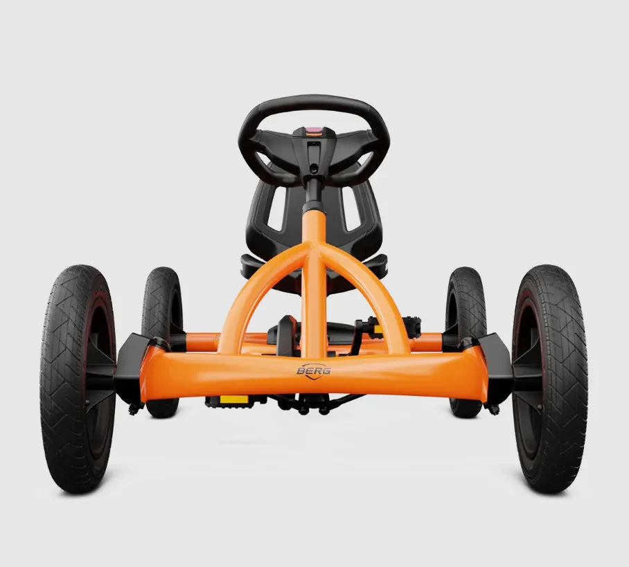 BERG Buddy B-Orange front view showing steering and pneumatic tires – Ireland