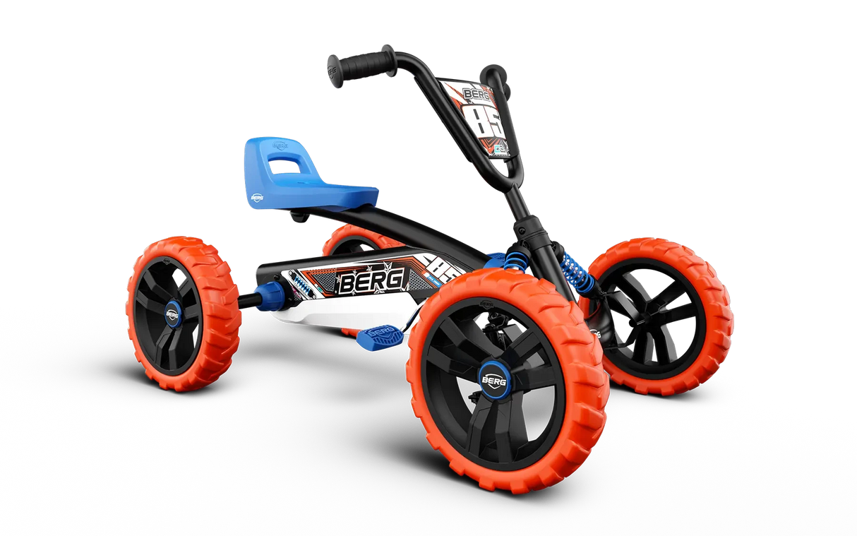 BERG Buzzy Nitro pedal go-kart with blue seat, black frame and orange wheels shown from an angled front view