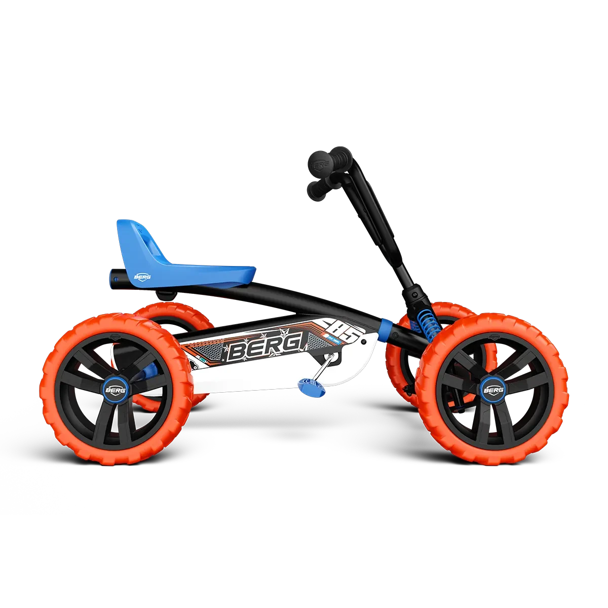 Side view of BERG Buzzy Nitro pedal go-kart with blue seat, black frame and orange wheels