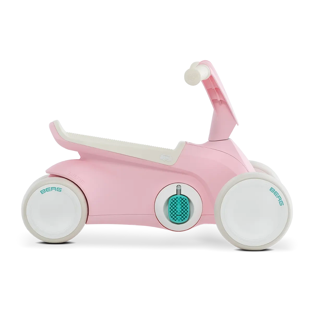 Side view of pink BERG GO² ride-on with white wheels, white saddle and teal pedal details