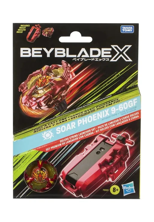 Front of Beyblade X Soar Phoenix 9-60GF retail packaging featuring Phoenix artwork, red Deluxe String Launcher illustration and visible spinning top.