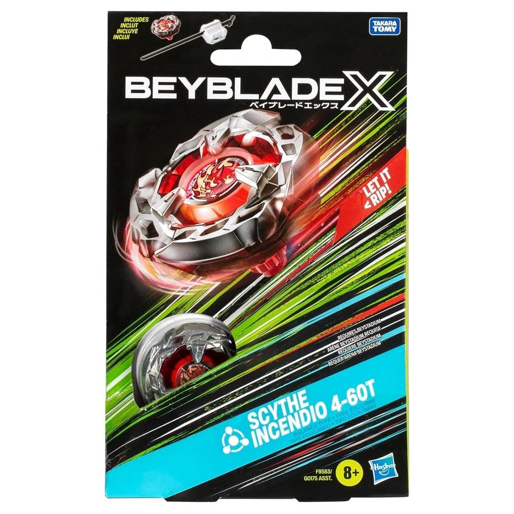 Beyblade X Starter Pack Scythe Incendio 4-60T packaging front view showing red balance type top and launcher