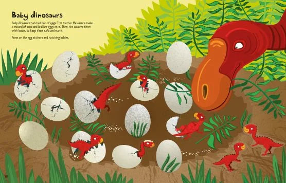Big Dinosaur Sticker Book activity page with baby dinosaurs hatching from eggs in Ireland