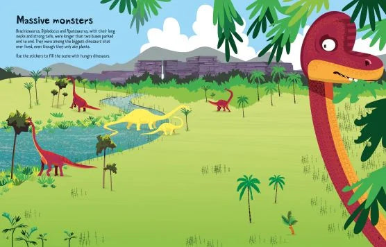Big Dinosaur Sticker Book inside page with massive dinosaurs by a river for sticker fun in Ireland