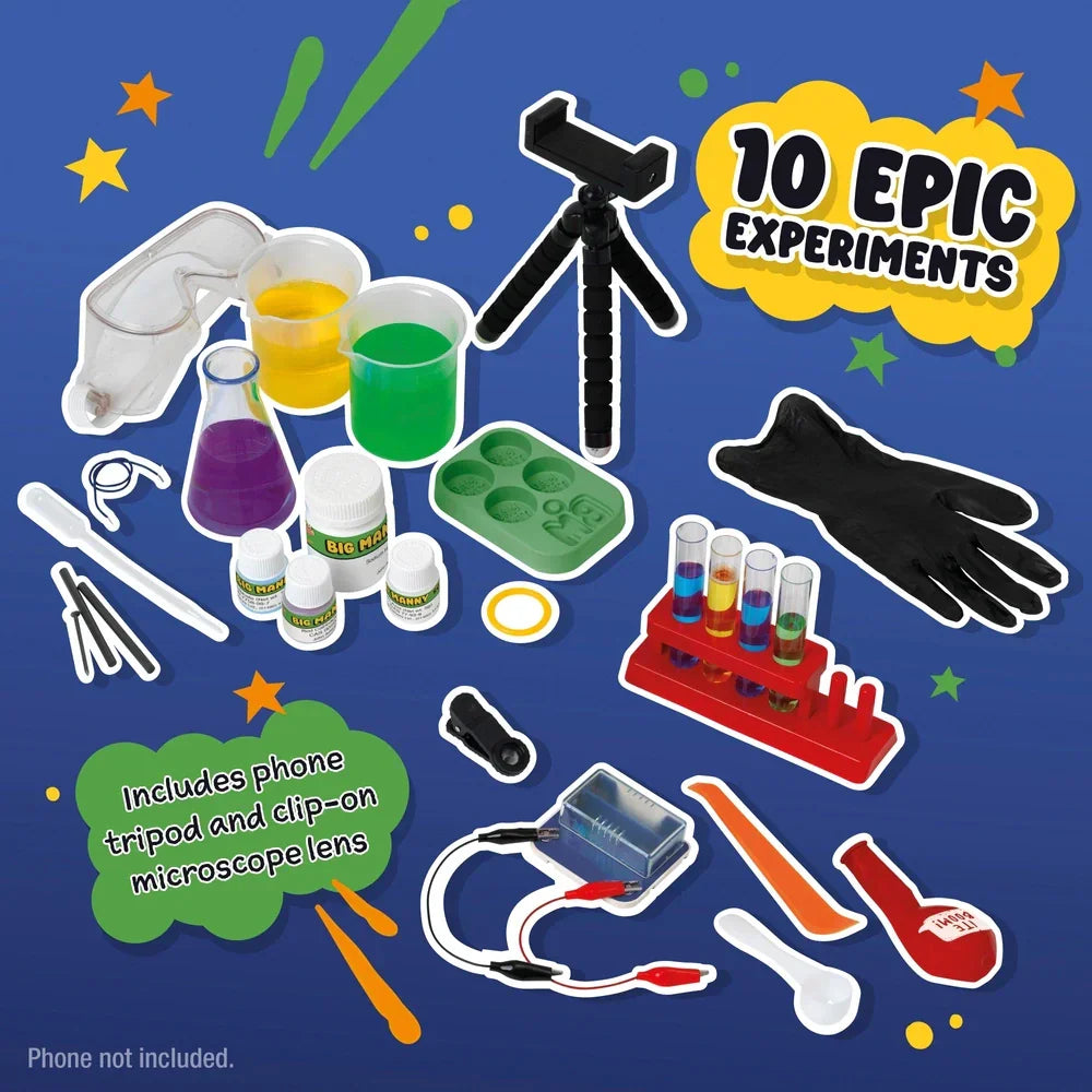 Chemistry experiment kit contents with beakers, test tubes, tripod, and accessories