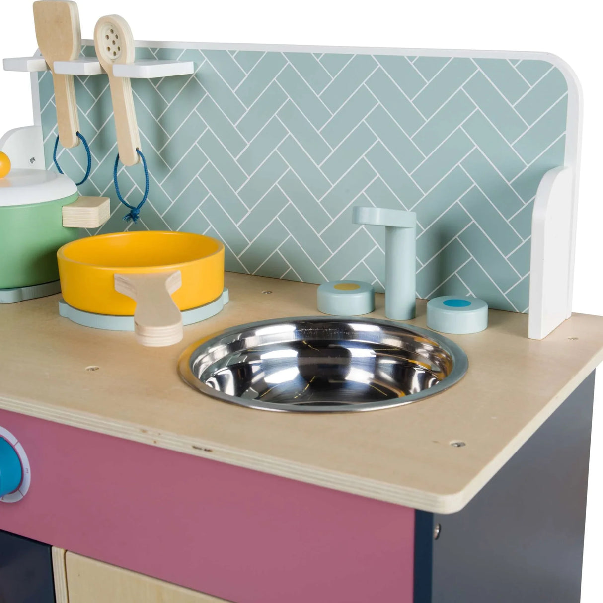 Wooden play kitchen worktop with metal sink bowl, tap, hob rings and hanging wooden utensils