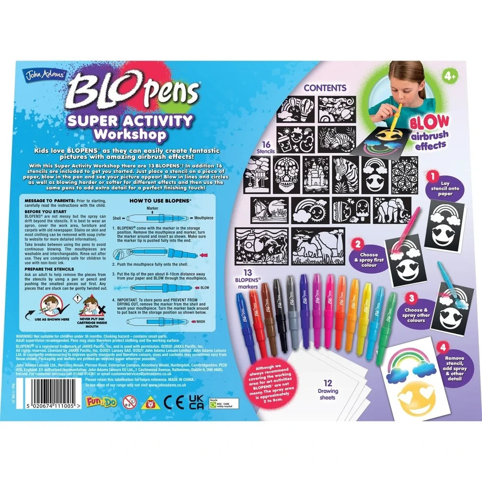 Back of Blopens Super Activity Workshop box showing contents, reusable stencils, drawing sheets and instructions
