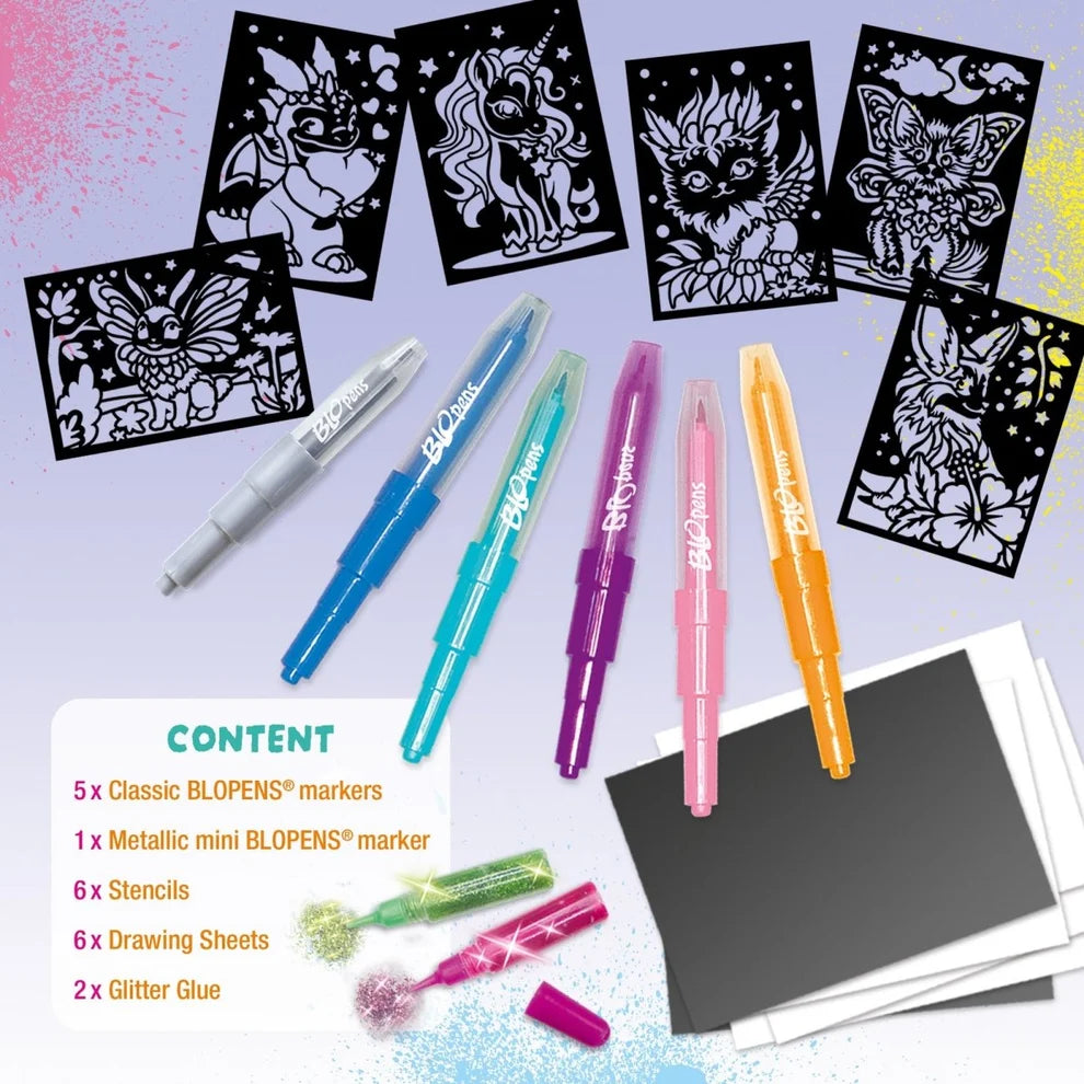 Blopens Xtra Glitter Creatures set contents showing six Blopens markers, six creature stencils, drawing sheets and two glitter glue tubes