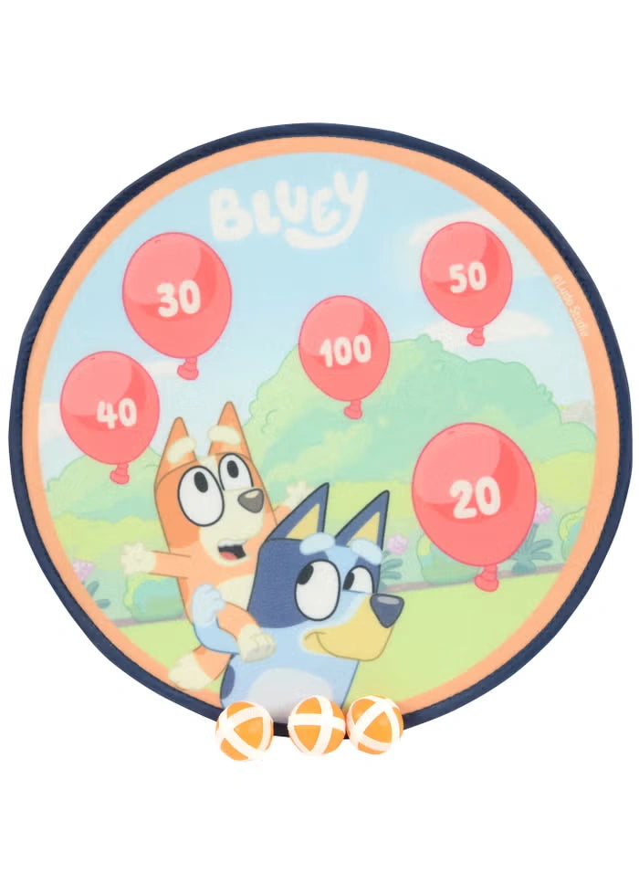 Bluey 4 in 1 Bumper Box of Garden Games target game showing a round target board and three suction dart balls