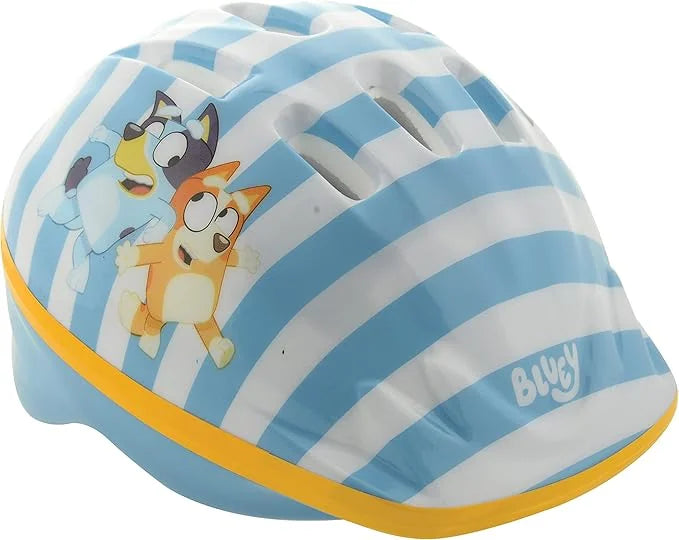 Bluey kids safety helmet with blue and white stripes shown at an angled view on a white background
