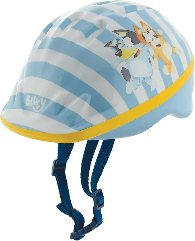 Side view of the Bluey kids helmet showing adjustable straps with Bluey and Bingo artwork on a white background