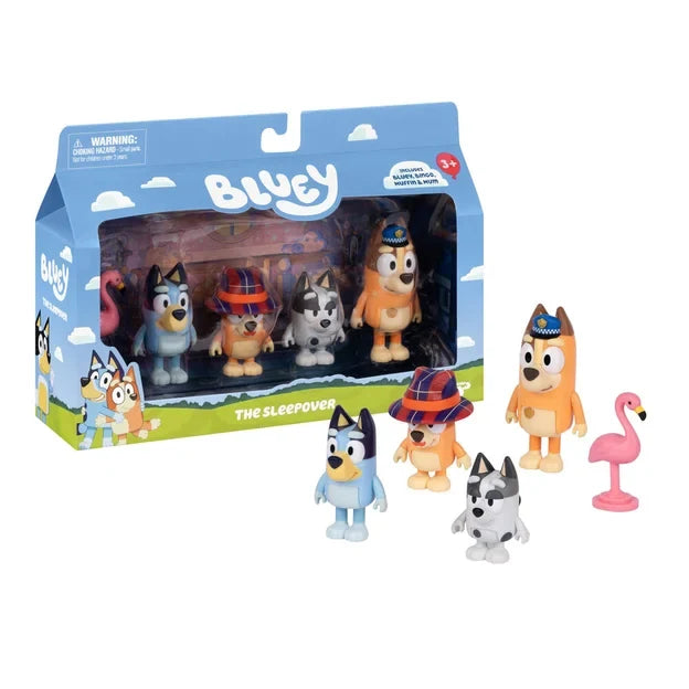 Bluey The Sleepover retail box displayed beside the four character figures Bluey, Bingo, Chilli and Muffin, with their episode costumes and pink flamingo accessory.