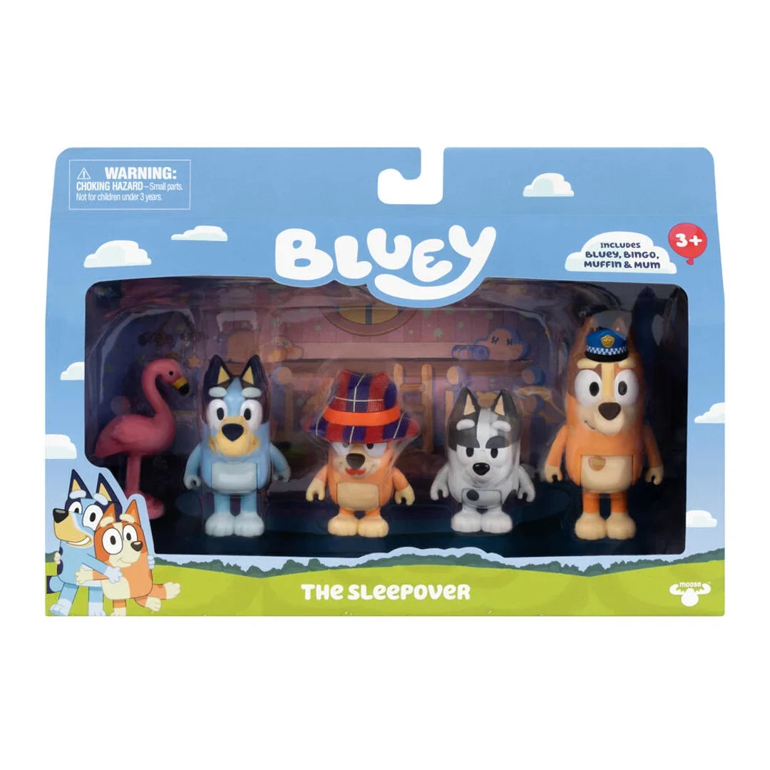 Bluey The Sleepover 4 Pack in blue retail packaging showing Bluey, Bingo wearing a checked hat, Muffin, Chilli wearing a police hat and a pink flamingo accessory.