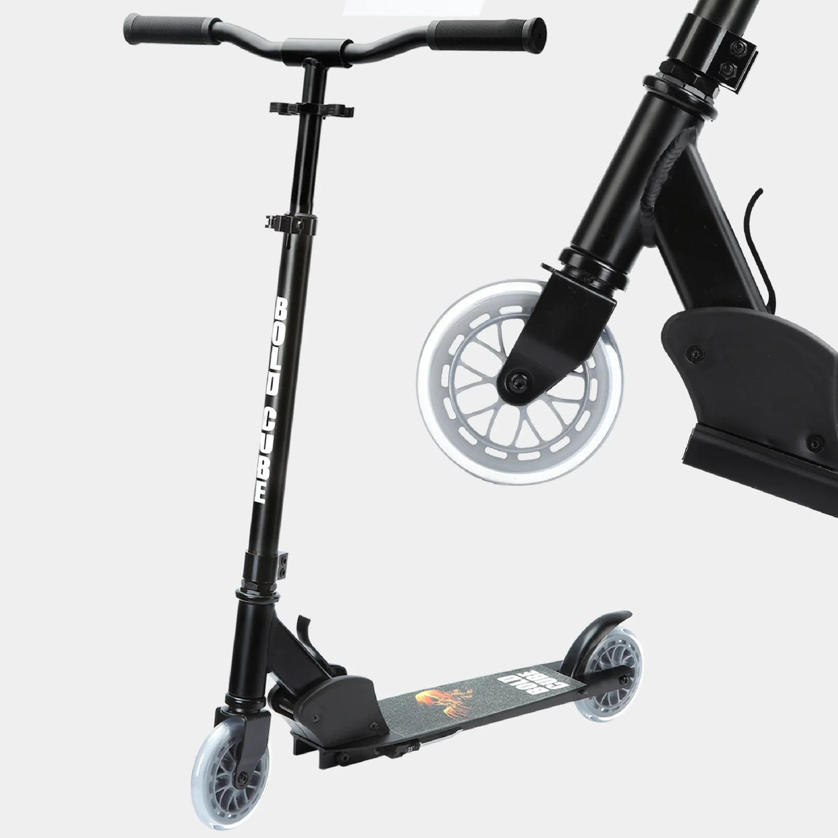 Boldcube Onyx Black scooter shown upright with enlarged front wheel detail