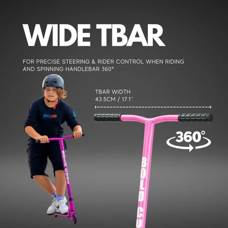 A child riding a pink Boldcube stunt scooter beside illustrated Boldcube product branding.