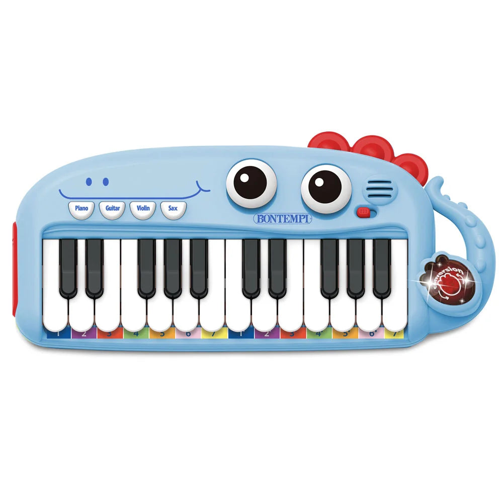 Bontempi blue 24 key electronic keyboard toy with smiling dinosaur design, light effects, and colourful note bar.