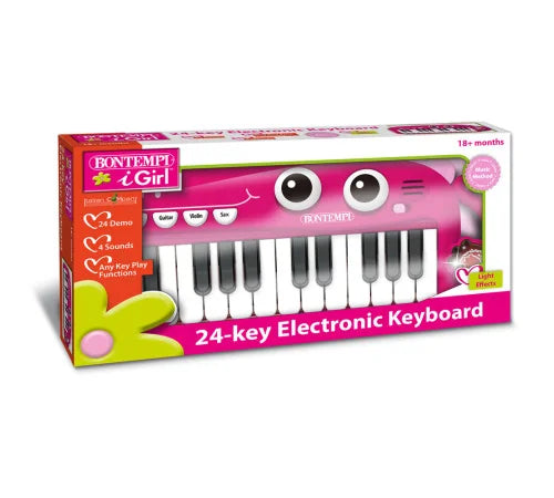 Boxed Bontempi 24 key pink dinosaur keyboard with light effect icon and fun musical packaging design.