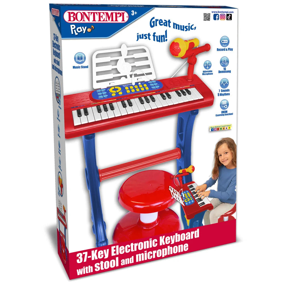 Boxed Bontempi 37 key electronic keyboard showing mic, stool, and stand with learning features on packaging.