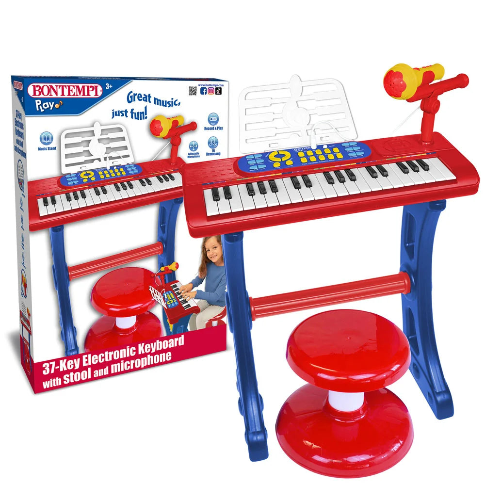 Bontempi 37 key keyboard set displayed beside its retail box showing stool, mic, and full play station setup.