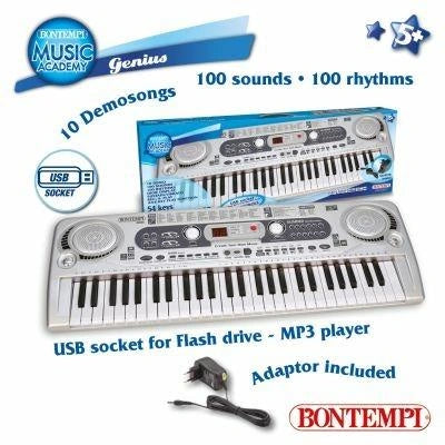 Bontempi 54 Key Digital Keyboard feature graphic showing 100 sounds, 100 rhythms, USB MP3 playback and mains adapter