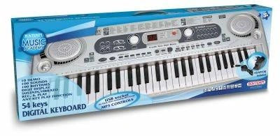Bontempi 54 Key Digital Keyboard in blue retail packaging showing the keyboard and microphone socket graphic