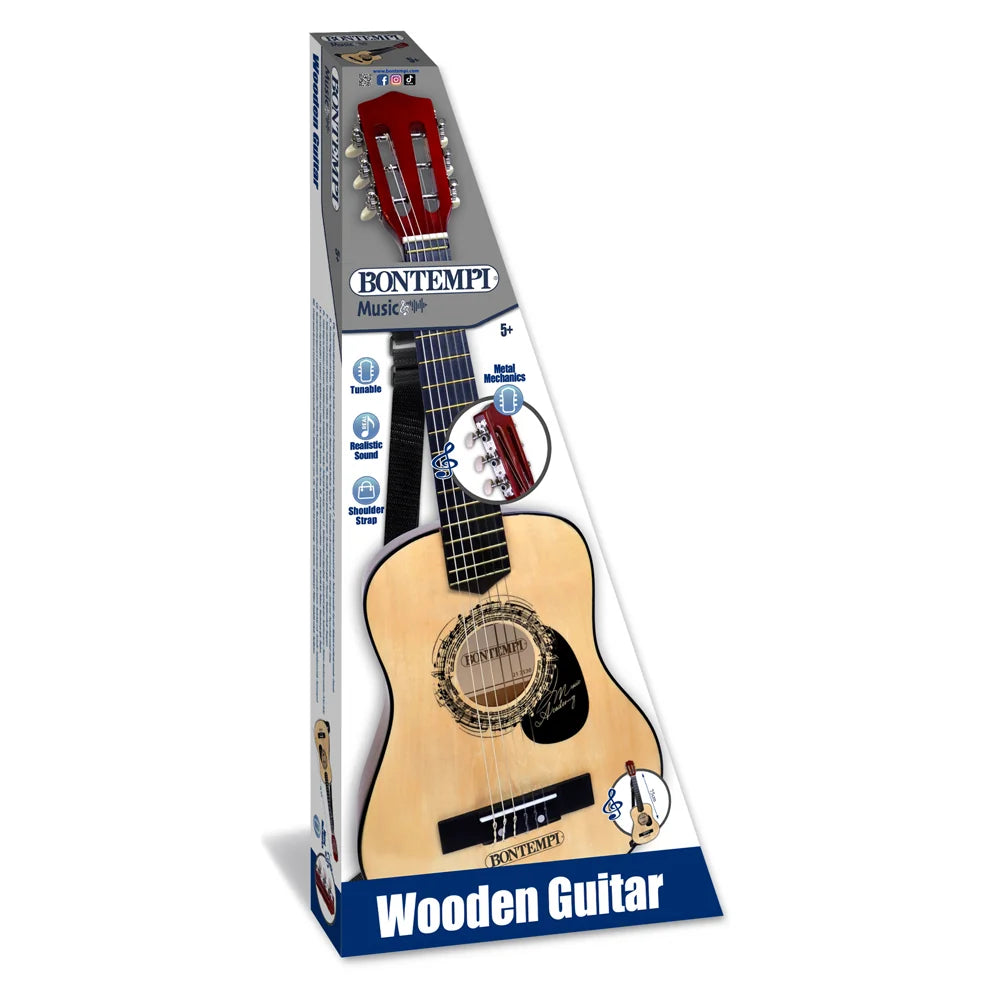 Boxed Bontempi 75cm wooden guitar showing metal tuning pegs, strap, and musical learning features.