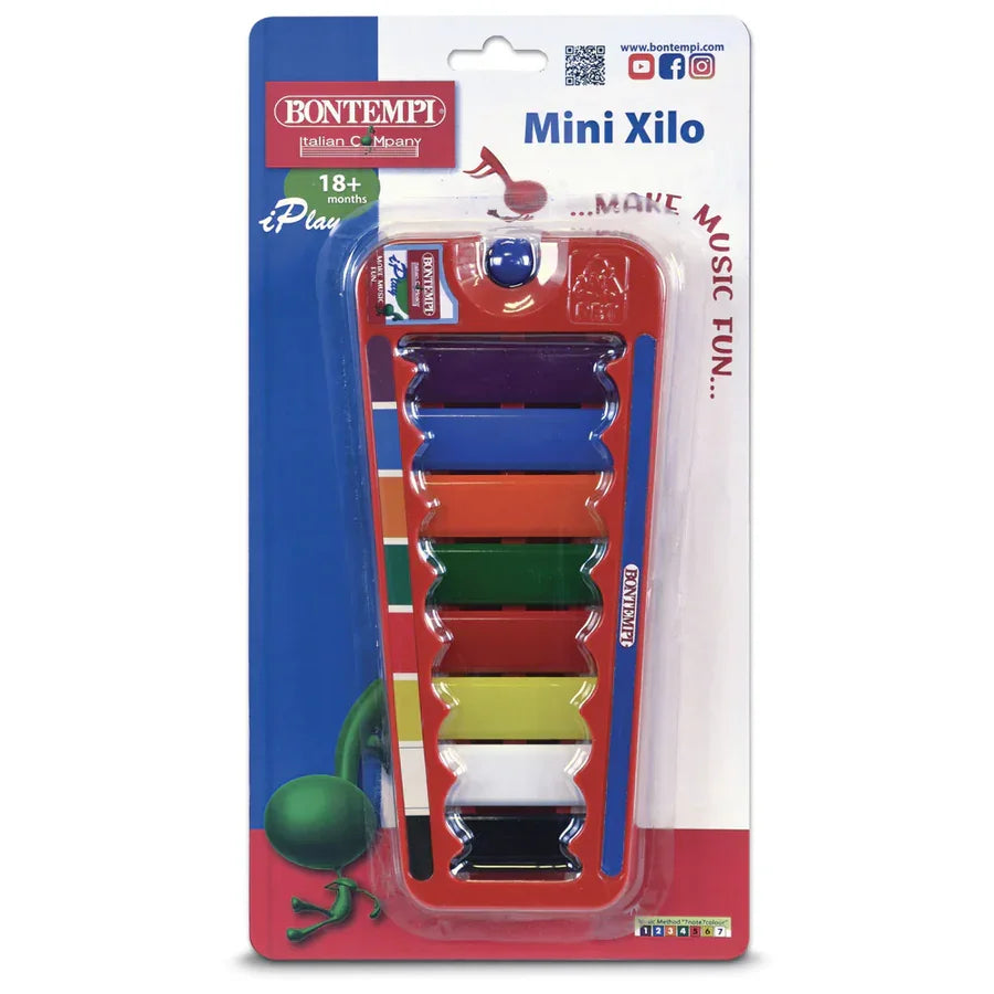 Bontempi Mini Xylophone retail packaging showing eight coloured keys and mallet