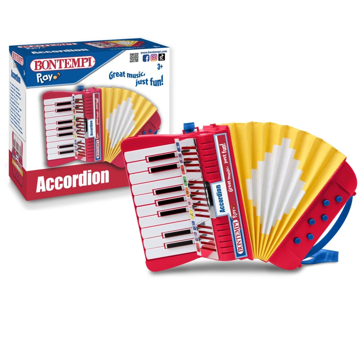 Bontempi Accordion with 17 Keys beside retail box