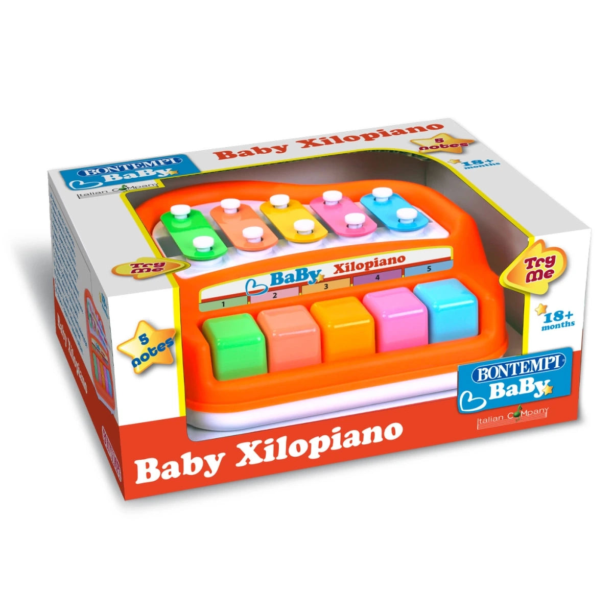 Bontempi Baby Xylopiano displayed in retail box with five coloured keys and xylophone bars