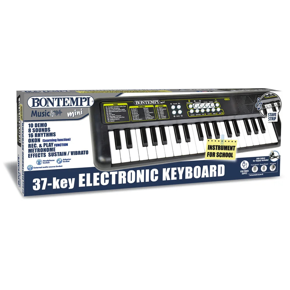 Boxed Bontempi 37 key electronic keyboard showing sounds, rhythms, and learning functions on packaging.