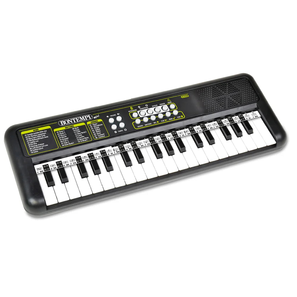 Bontempi black 37 key electronic keyboard with note labels, control buttons, and built in speaker on white background.