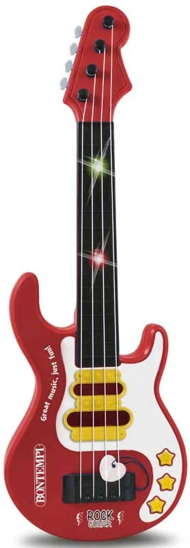 Bontempi electronic rock guitar in red and white with yellow neck and star buttons on white background