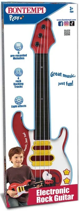 Boxed Bontempi electronic rock guitar showing red and white body, light effects, and musical features.