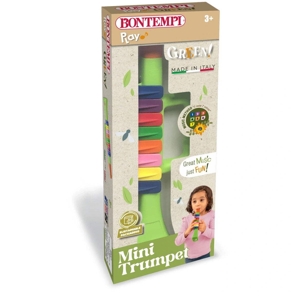 Bontempi Green Mini Trumpet in retail packaging