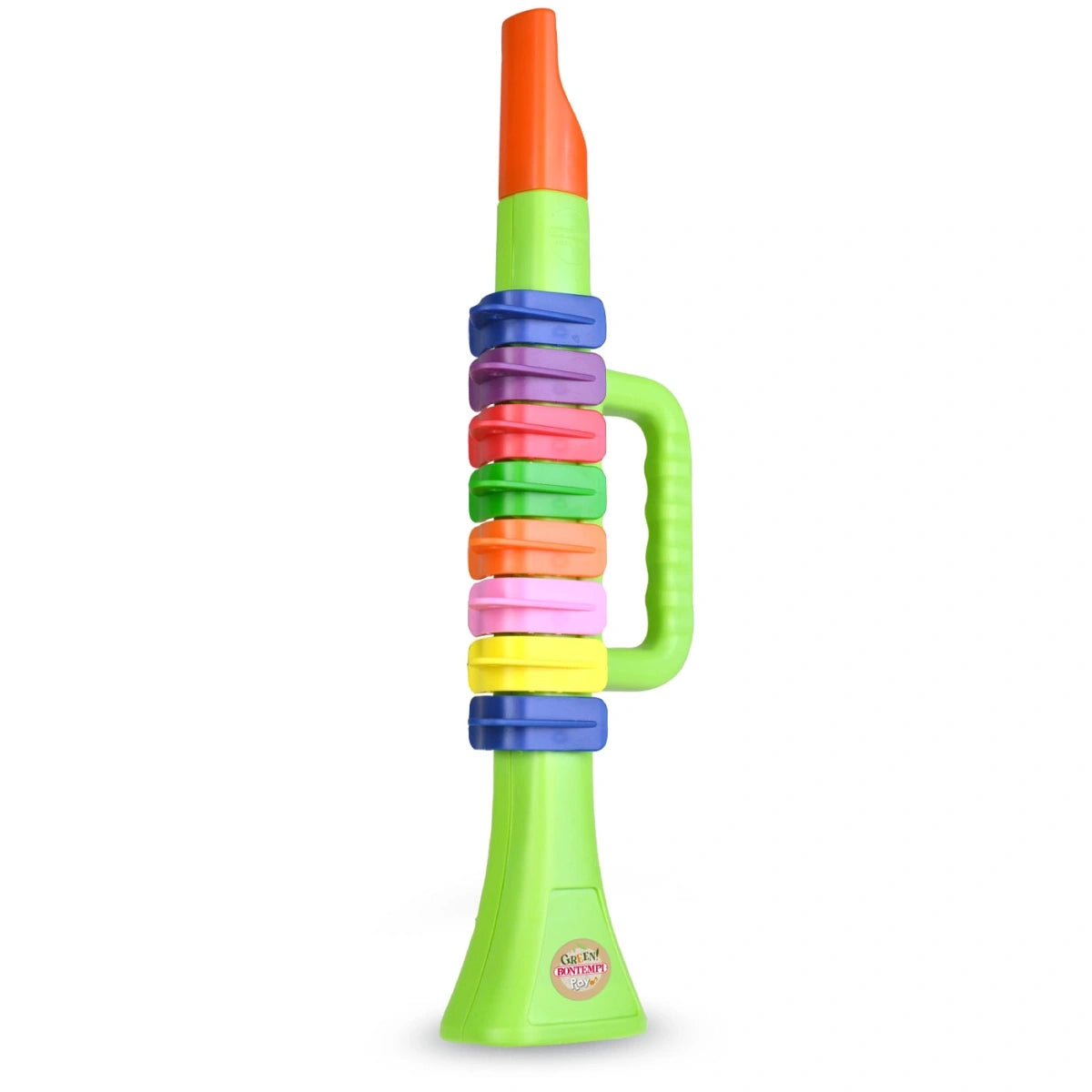 Bontempi Green Mini Trumpet upright with coloured keys and side handle