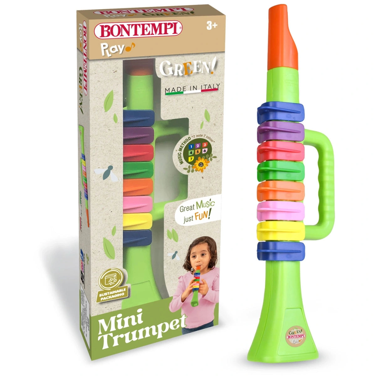 Bontempi Green Mini Trumpet displayed beside retail box