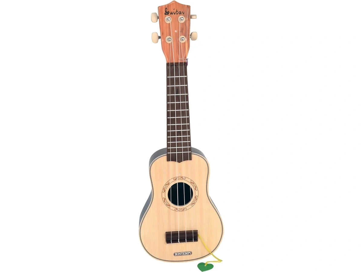 Bontempi plastic ukulele with wood finish and green plectrum