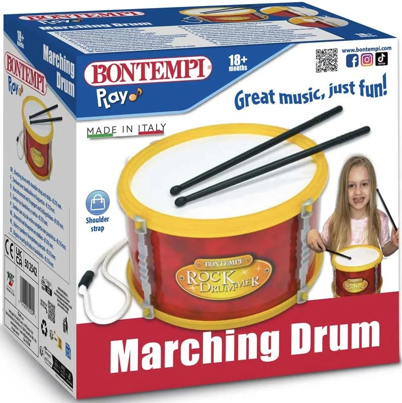 Bontempi Red Marching Drum retail packaging with musical design and product image