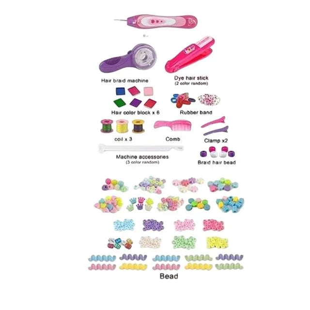 Complete contents of the Braided 3-in-1 hair styling set showing braider, dye stick, comb, clamps, beads and colourful hair coils on white background.