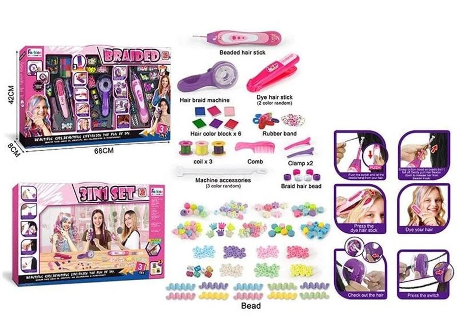 Braided 3-in-1 styling kit layout with box, tools, beads and illustrated instructions for creating colourful hair designs.