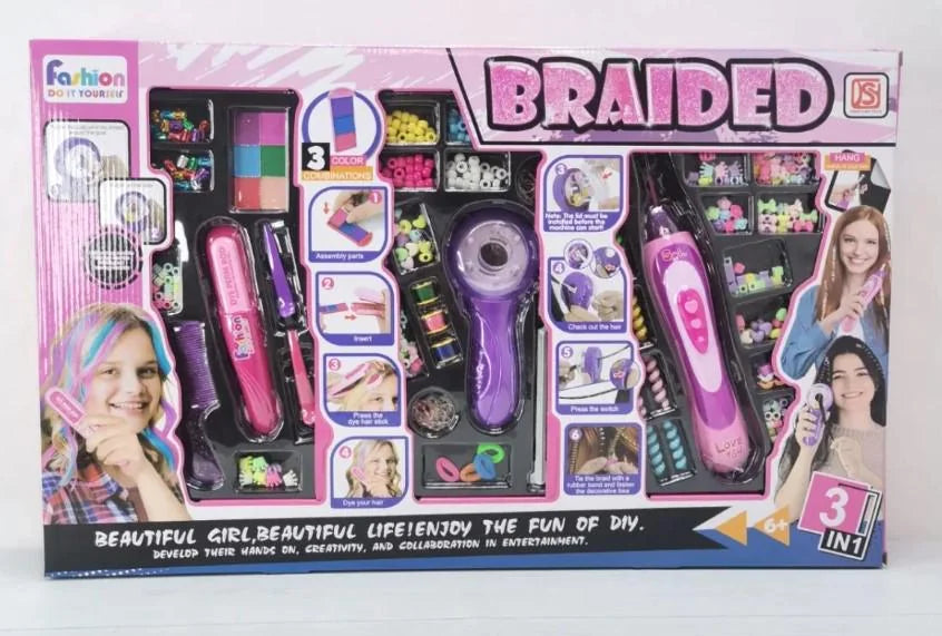 Braided 3-in-1 hair bead and styling set packaging with pink and purple braiding tools, beads and accessories for creative play.