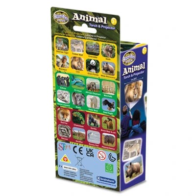 Brainstorm Animal Torch and Projector box back showing the wildlife images included on the slide discs
