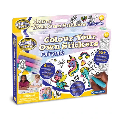 Brainstorm Colour Your Own Stickers Fairytale retail box with fairies, unicorns and colouring pens shown on the front