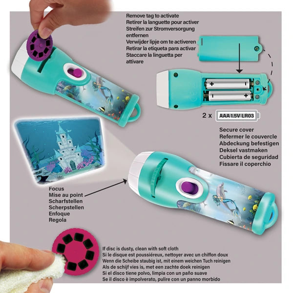 Brainstorm Mermaid Torch and Projector instructions showing slide insertion, focusing and battery fitting