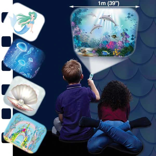 Two children using the Brainstorm Mermaid Torch and Projector to display an underwater dolphin scene