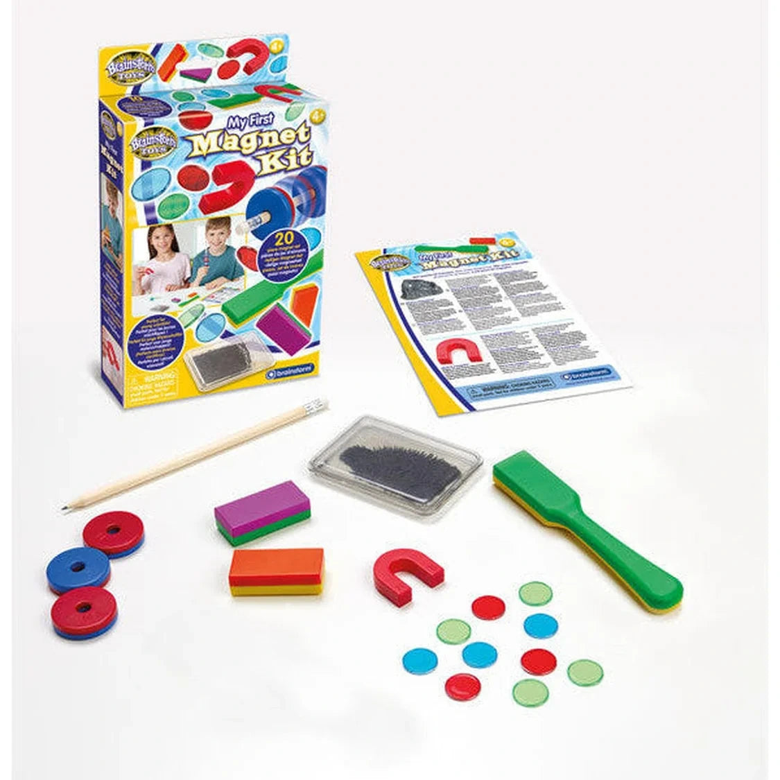 Brainstorm My First Magnet Kit full contents arranged beside the retail box and experiment leaflet