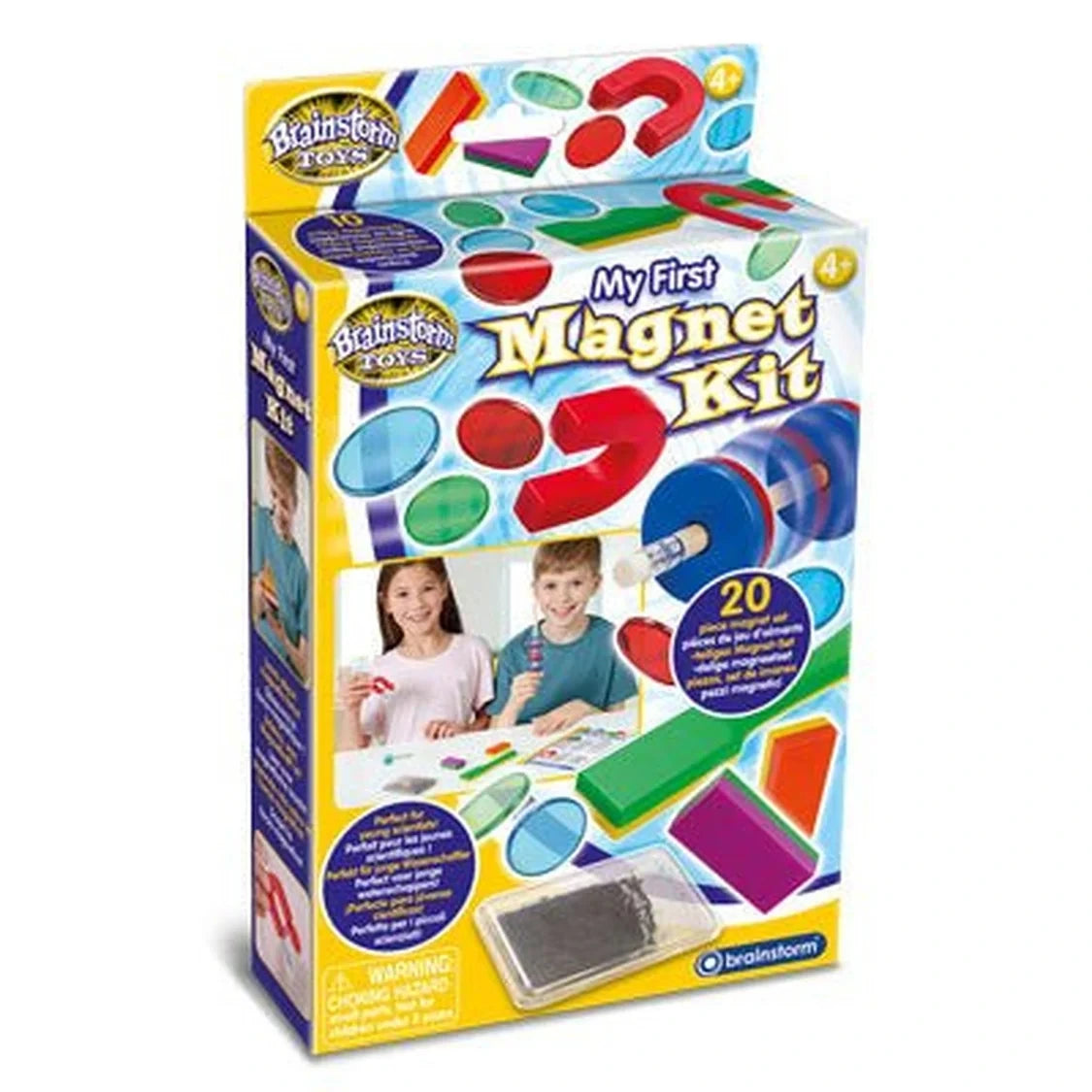 Brainstorm My First Magnet Kit retail box showing magnets, iron filings and 20 piece contents