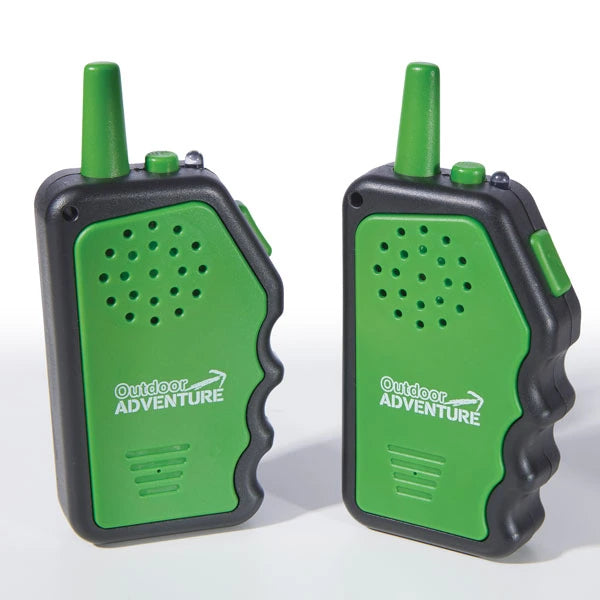 Pair of Brainstorm Outdoor Adventure Walkie Talkies with green fronts and black cases