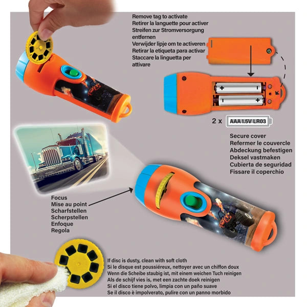 Brainstorm Tractor and Truck Torch and Projector instructions showing slide fitting, focusing and battery installation